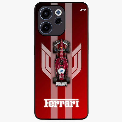 Red Ferrari F1 Vertical Glass Case showing flat back view with sleek Formula racing car artwork and glossy glass finish.