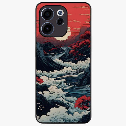 Red Sunset Scenery Glass Case showing flat back view with vibrant sunset landscape artwork and glossy glass finish.