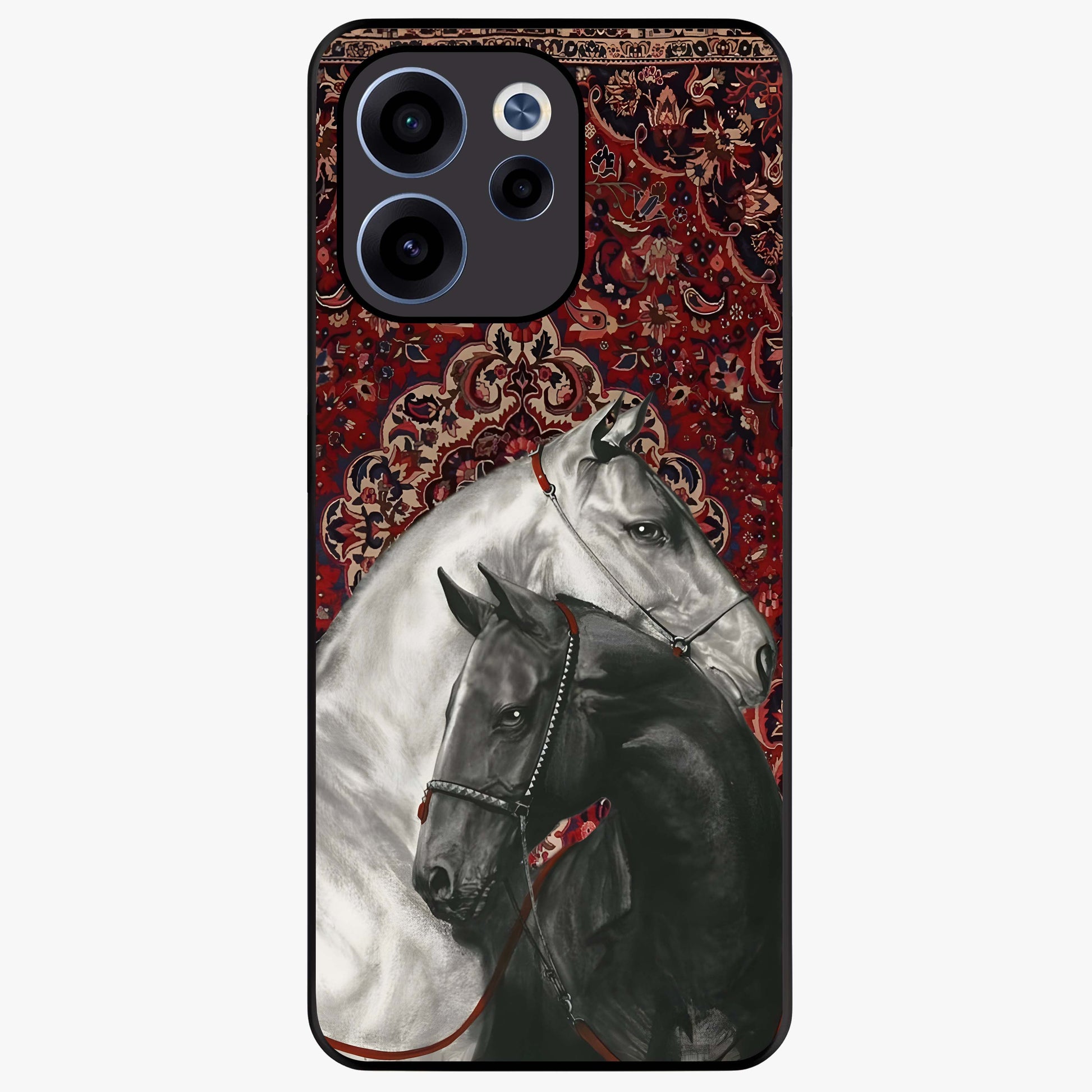 Regal Stallion Tapestry Glass Case showing flat back view with majestic horse tapestry artwork and glossy glass finish.