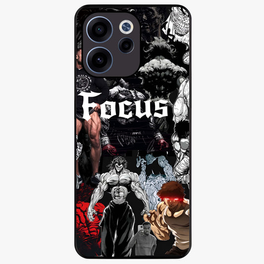 Relentless Power Focus Glass Case showing flat back view with motivational typography artwork and glossy glass finish.
