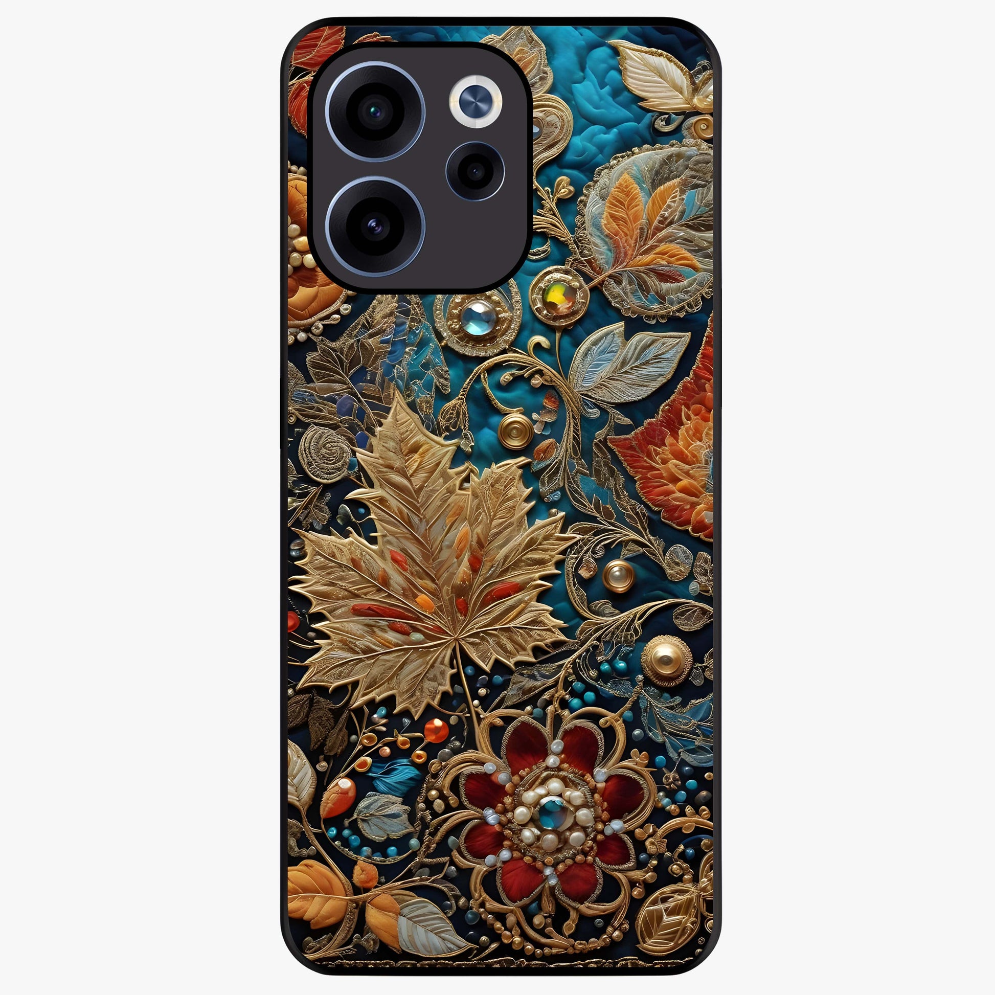 Royal Jewel Garden Glass Case showing flat back view with decorative floral garden artwork and glossy glass finish.