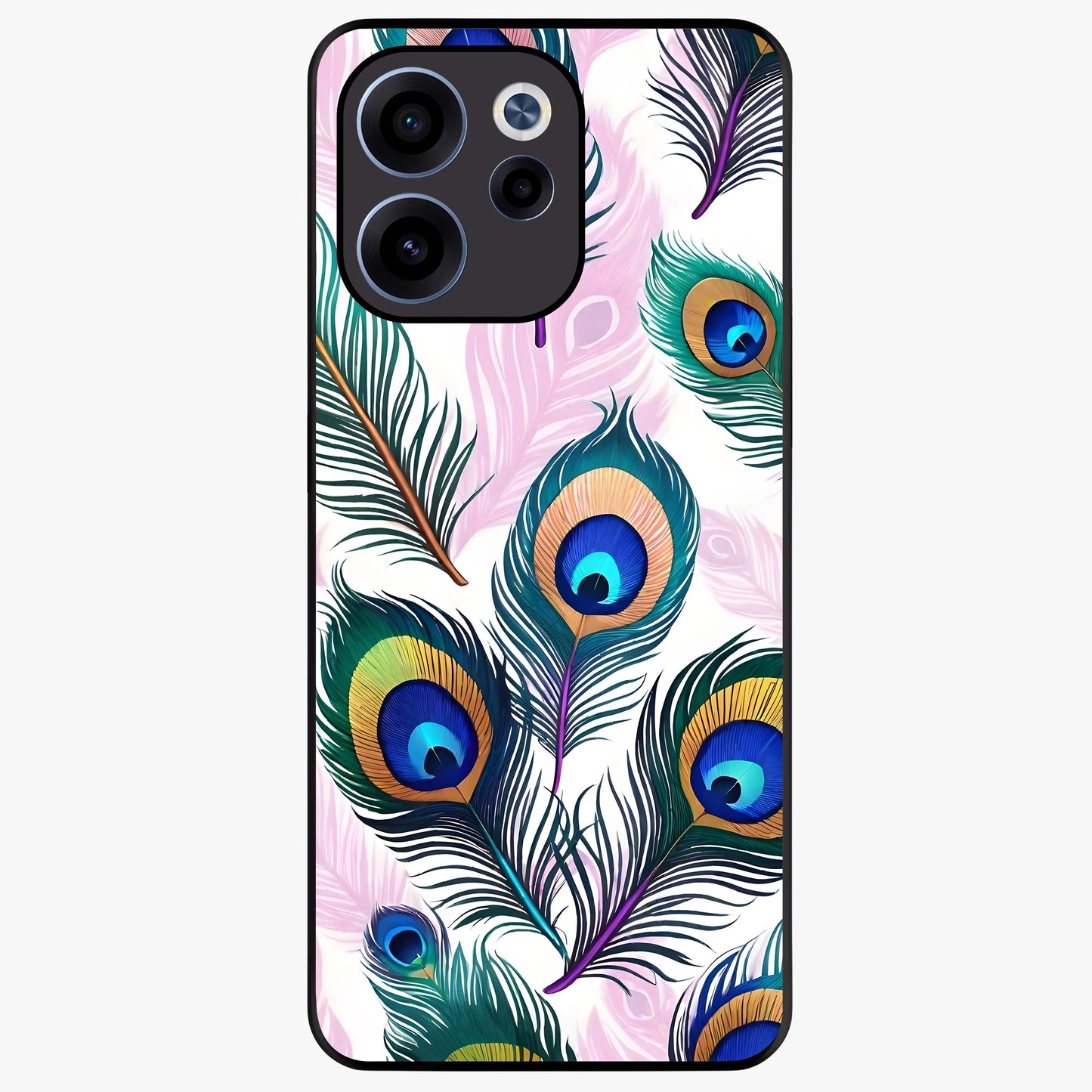 Royal Peacock Feathers Glass Case showing flat back view with colorful peacock feather artwork and glossy glass finish.