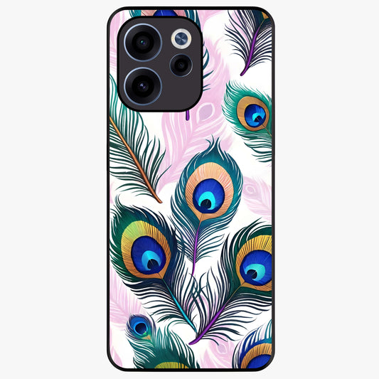 Royal Peacock Feathers Glass Case showing flat back view with colorful peacock feather artwork and glossy glass finish.