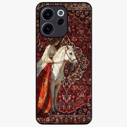 Royal Rider Tapestry Glass Case showing flat back view with majestic horse rider tapestry artwork and glossy glass finish.