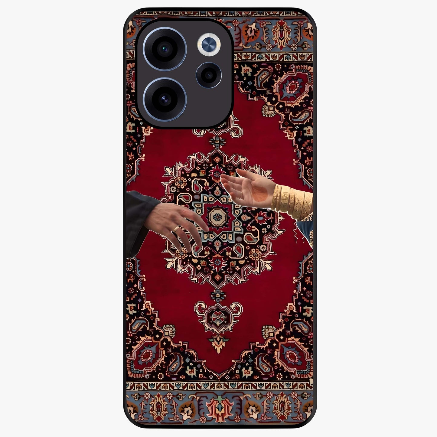 Royal Touch Reach Glass Case showing flat back view with elegant royal themed artwork and glossy glass finish.