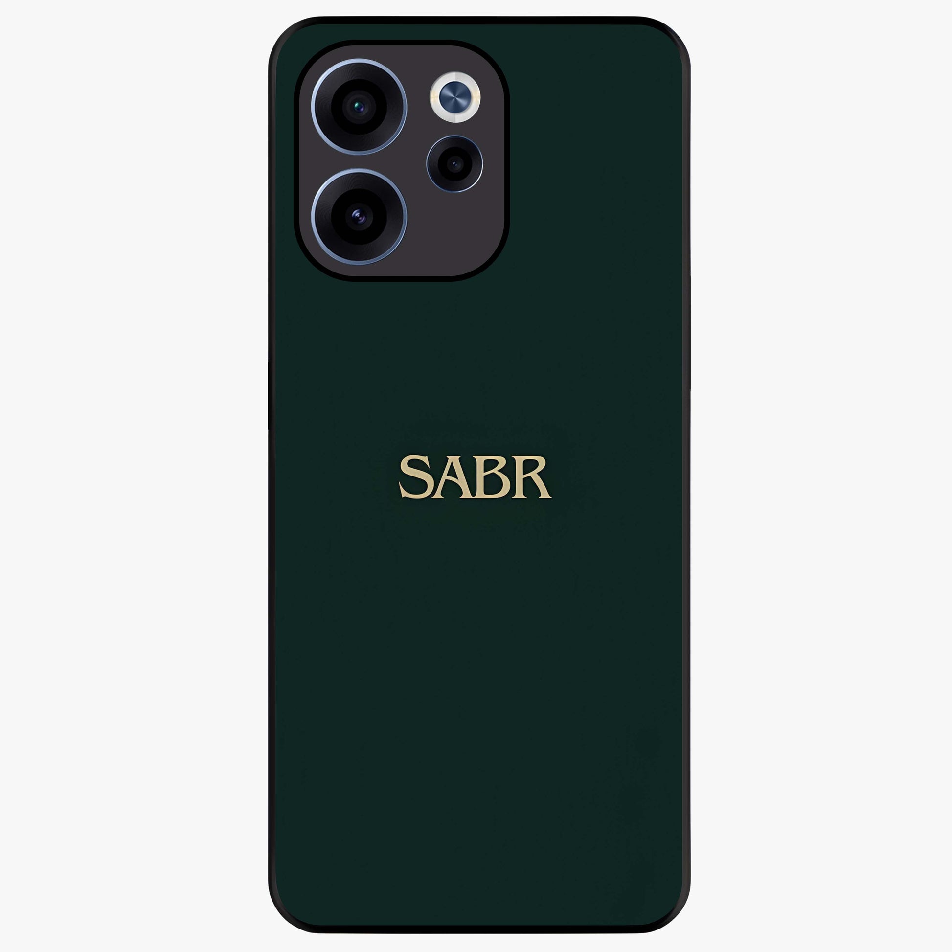 Sabr Minimal Patience Glass Case showing flat back view with minimalist typography artwork and glossy glass finish.