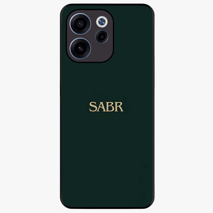 Sabr Minimal Patience Glass Case showing flat back view with minimalist typography artwork and glossy glass finish.