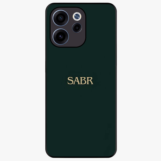 Sabr Minimal Patience Glass Case showing flat back view with minimalist typography artwork and glossy glass finish.