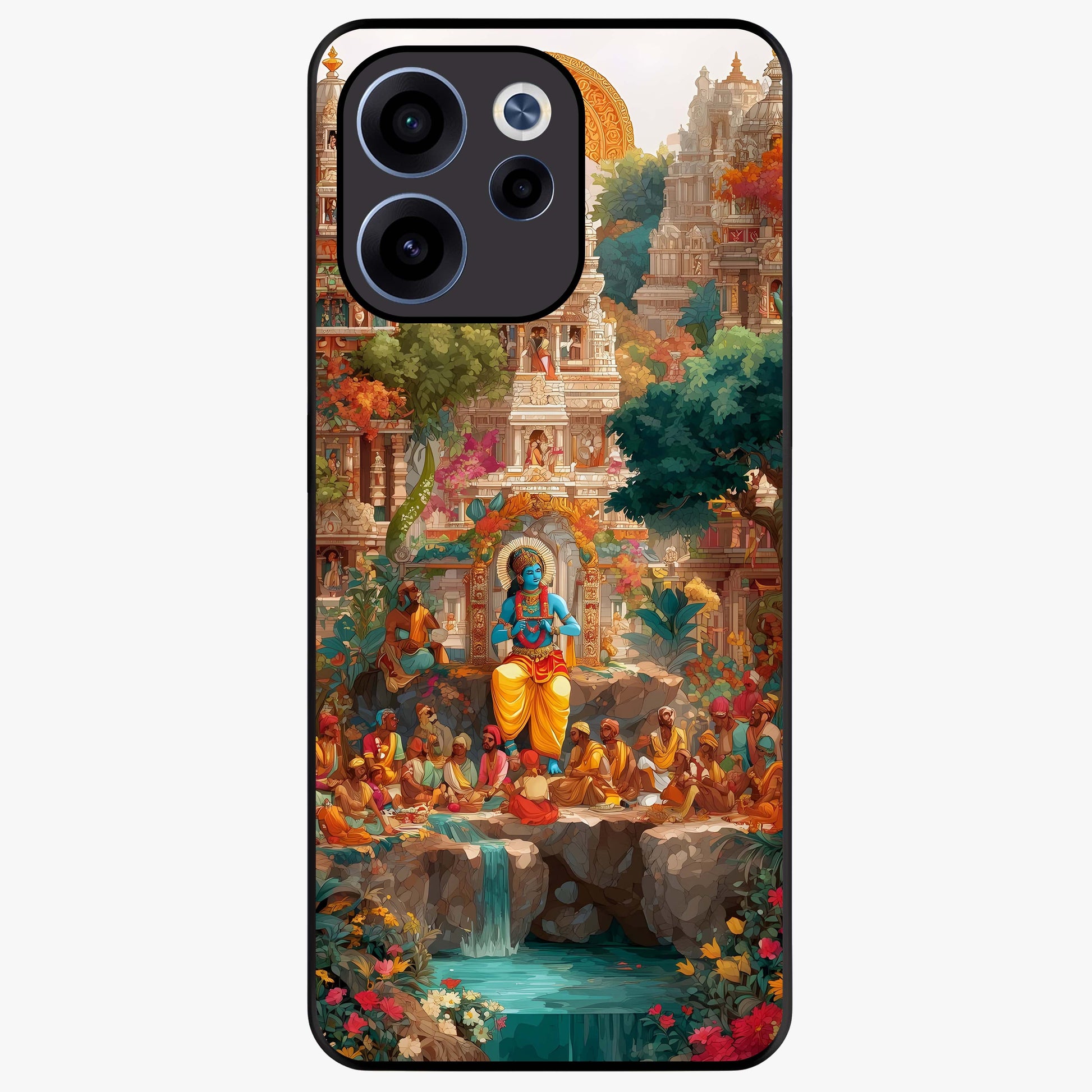 Sacred Sunlight Gods Glass Case showing flat back view with divine sunlight themed artwork and glossy glass finish.