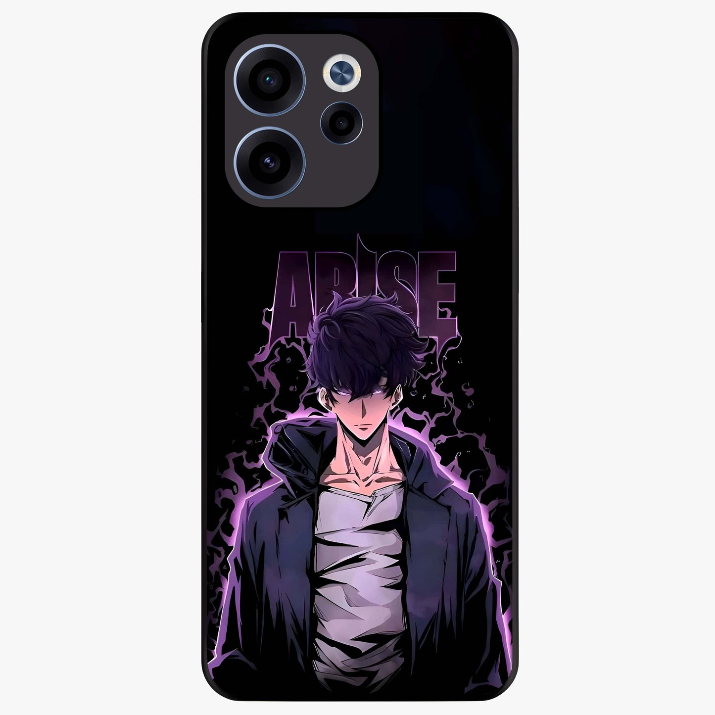 Shadow Monarch Awakening Glass Case showing flat back view with powerful dark monarch themed artwork and glossy glass finish.