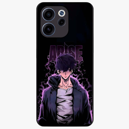 Shadow Monarch Awakening Glass Case showing flat back view with powerful dark monarch themed artwork and glossy glass finish.