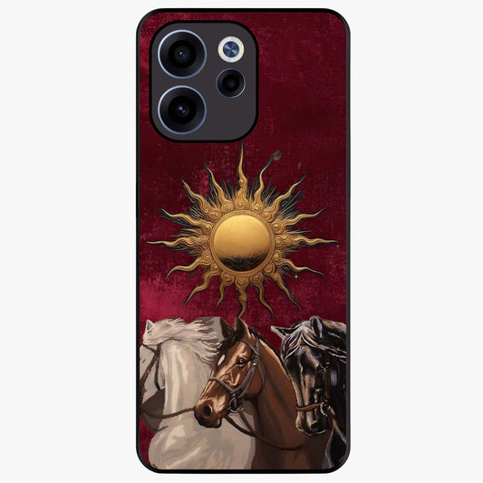 Solar Riders Glass Case showing flat back view with dynamic rider themed artwork and glossy glass finish.