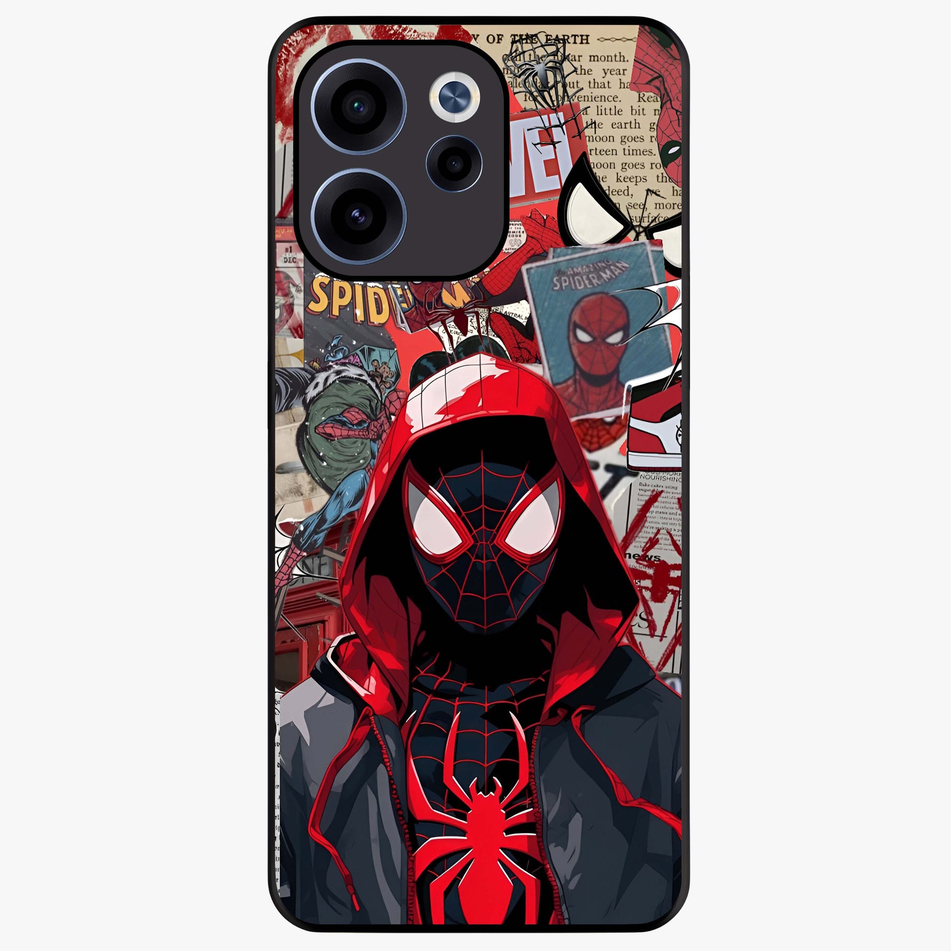 Spider Collage Street Glass Case showing flat back view with vibrant superhero collage artwork and glossy glass finish.