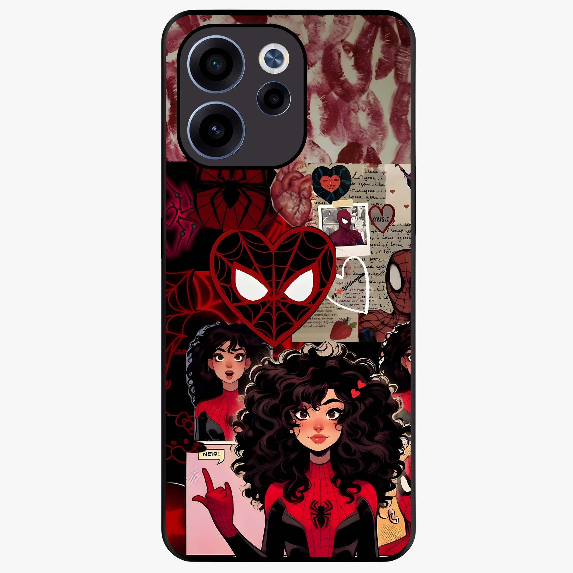 Spider Love Story Glass Case showing flat back view with romantic superhero themed artwork and glossy glass finish.