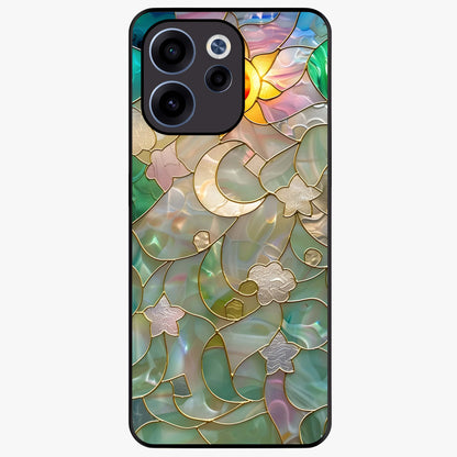 Stained Sunrise Glow Glass Case showing flat back view with glowing sunrise stained pattern artwork and glossy glass finish.
