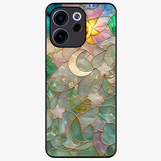 Stained Sunrise Glow Glass Case showing flat back view with glowing sunrise stained pattern artwork and glossy glass finish.