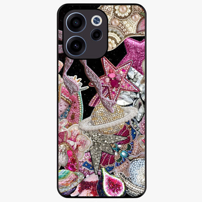 Starlit Jewel Dream Glass Case showing flat back view with sparkling jewel and star themed artwork and glossy glass finish.