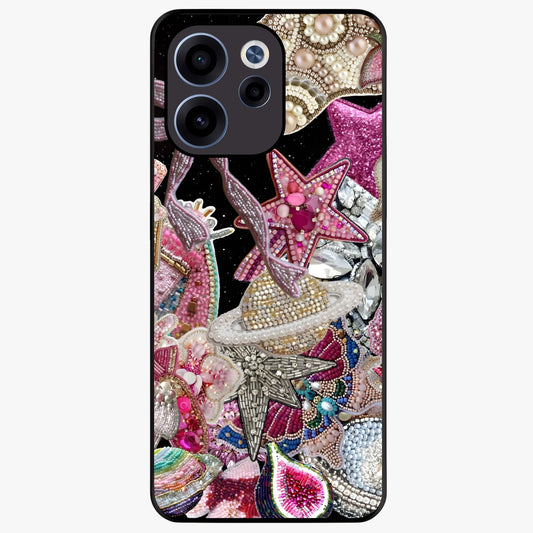 Starlit Jewel Dream Glass Case showing flat back view with sparkling jewel and star themed artwork and glossy glass finish.