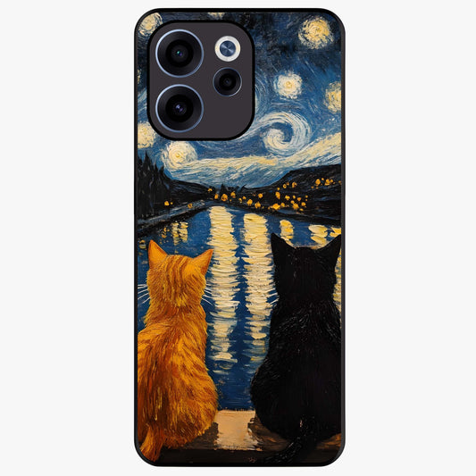 Starry River Cats Glass Case showing flat back view with cats by a starry river artwork and glossy glass finish.