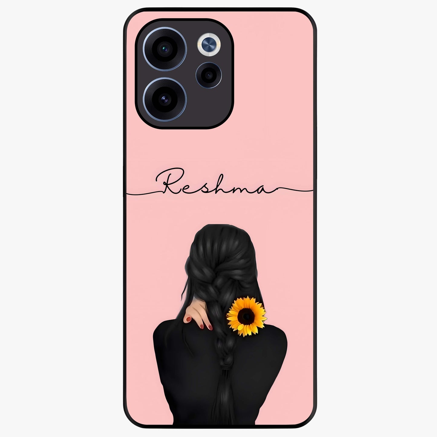 Sunflower Braid Beauty With Custom Name Glass Case showing flat back view with sunflower braid artwork and personalized name design.