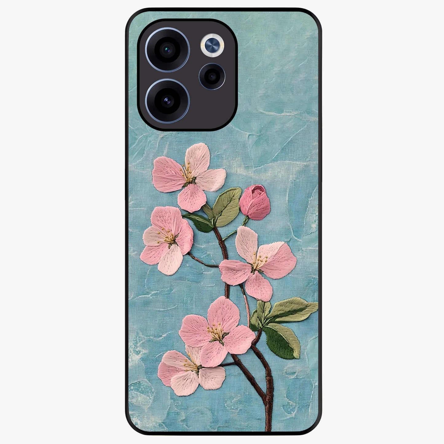 Threaded Blossom Breeze Glass Case showing flat back view with delicate blossom artwork and glossy glass finish.