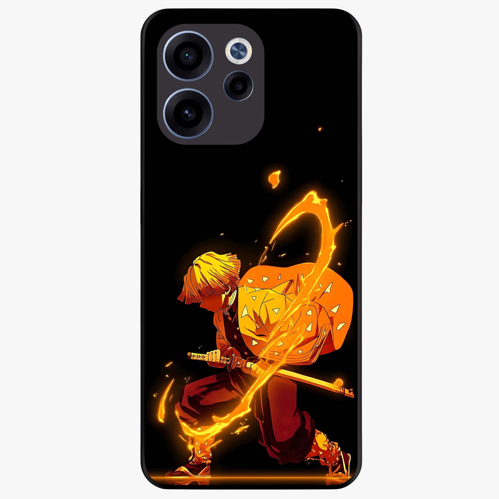 Thunder Flame Execution Glass Case showing flat back view with powerful flame and lightning artwork and glossy glass finish.