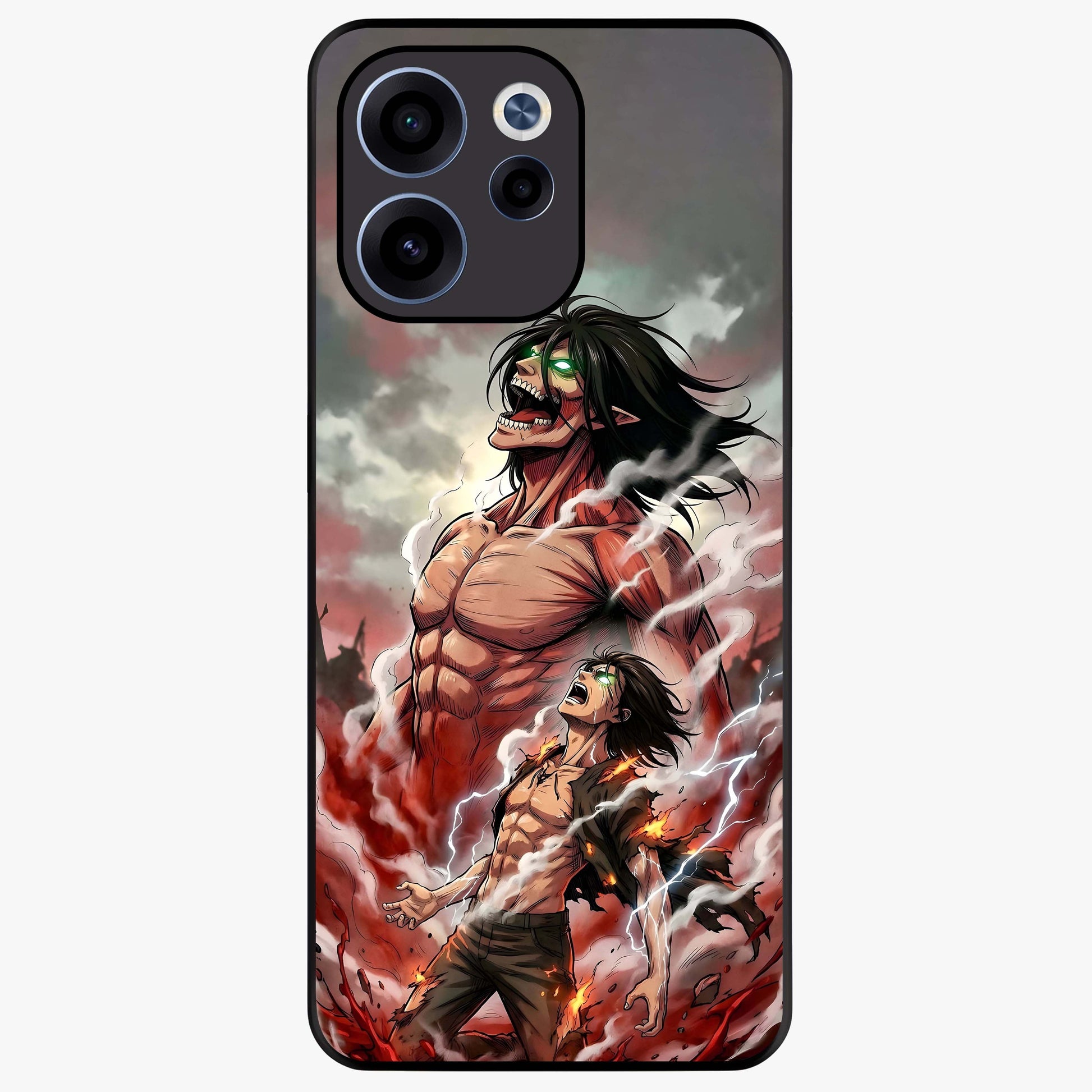 Titan Awakening Fury Glass Case showing flat back view with powerful titan inspired artwork and glossy glass finish.