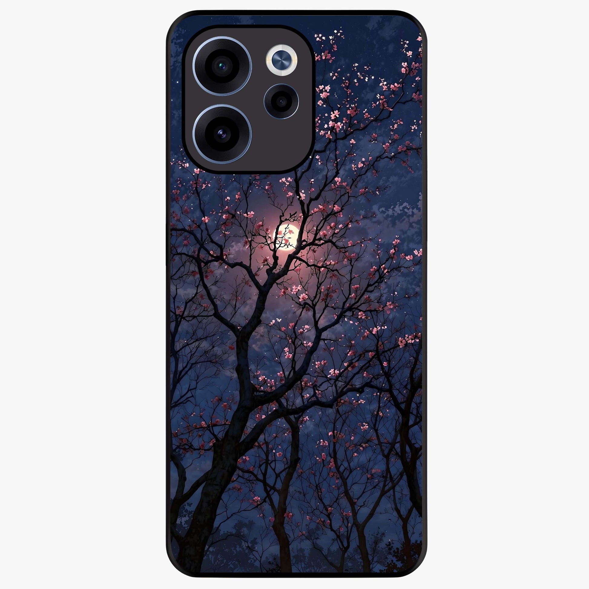 Twilight Sakura Serenade Glass Case showing flat back view with cherry blossom artwork at twilight and glossy glass finish.