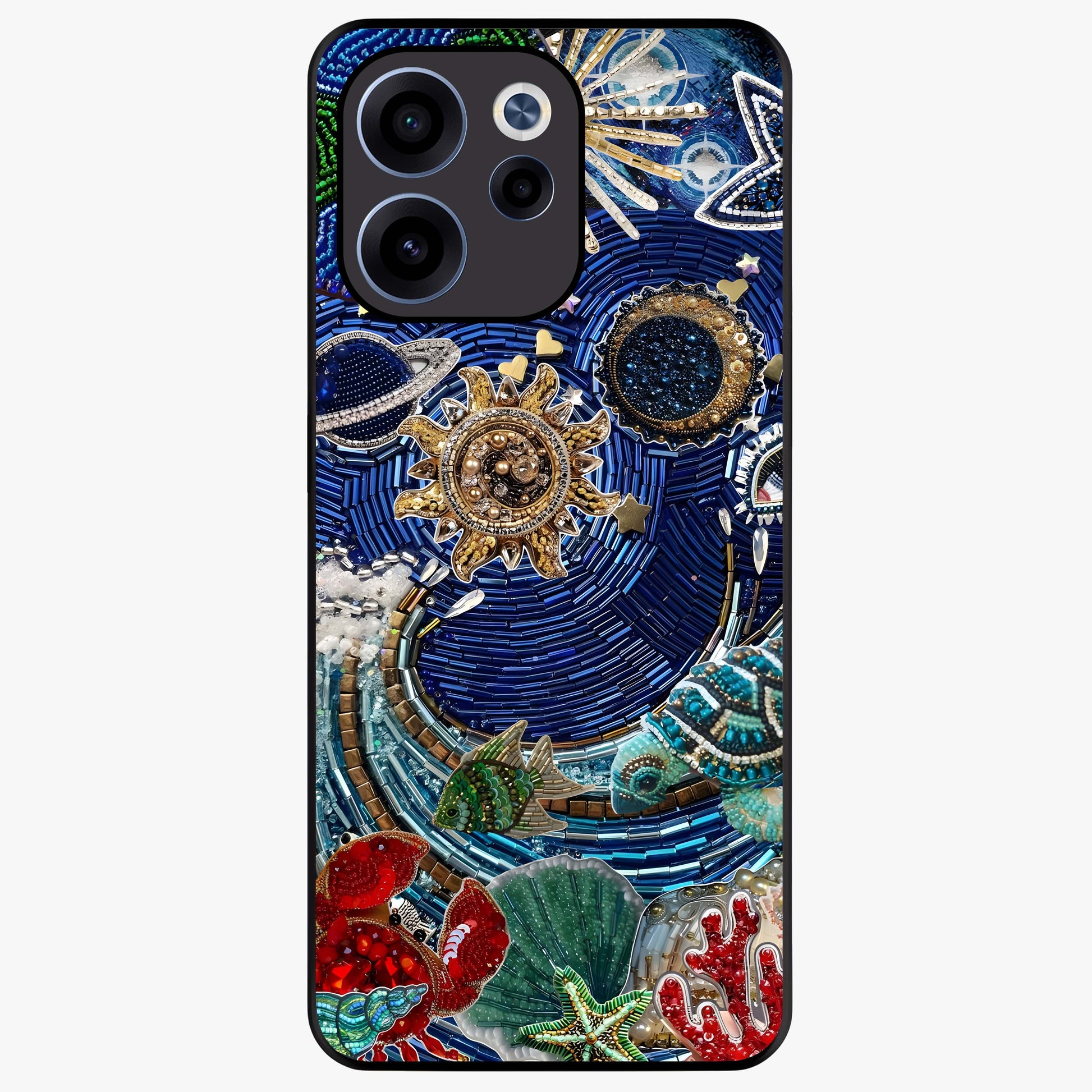 Universe Underwater Spark Glass Case showing flat back view with cosmic underwater themed artwork and glossy glass finish.