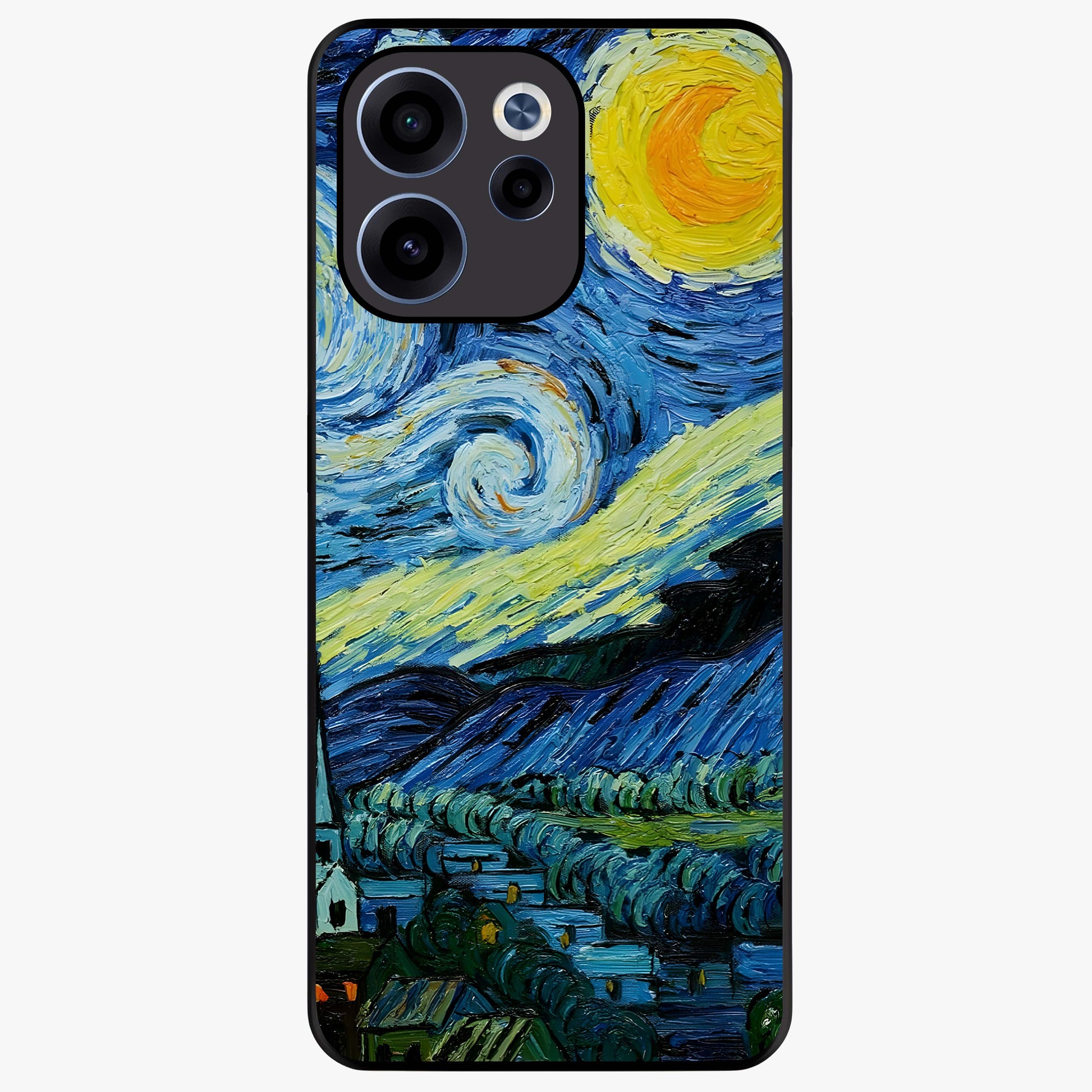 Van Gogh Art Glass Case showing flat back view with classic painterly artwork inspired by Van Gogh style and glossy glass finish.