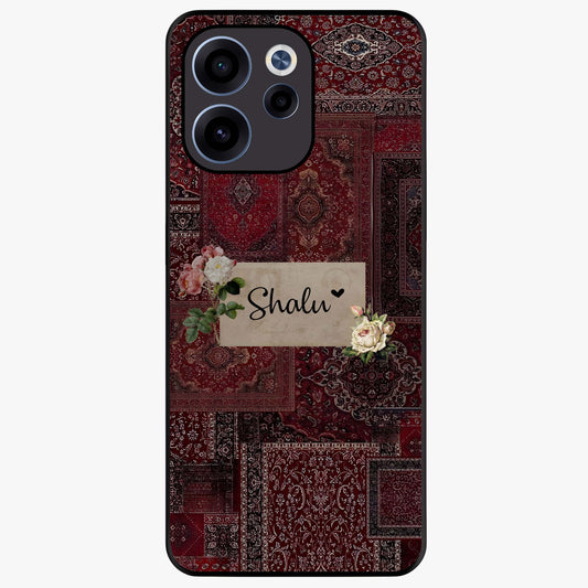 Velvet Wine Pattern Custom Name Glass Case showing flat back view with elegant wine colored pattern artwork and personalized name design.