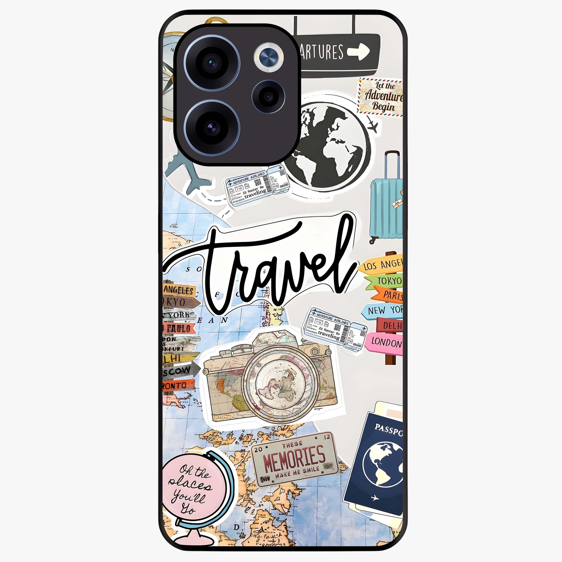 Wanderlust Journal Glass Case showing flat back view with travel inspired artwork and glossy glass finish.
