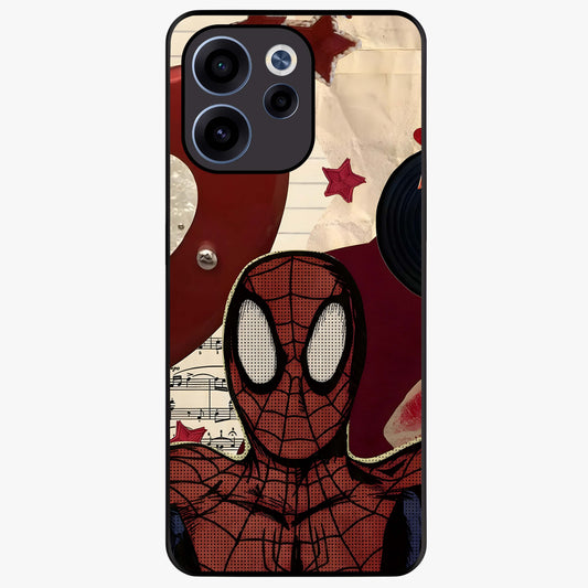 Web Warrior Vibes Glass Case showing flat back view with superhero inspired web themed artwork and glossy glass finish.