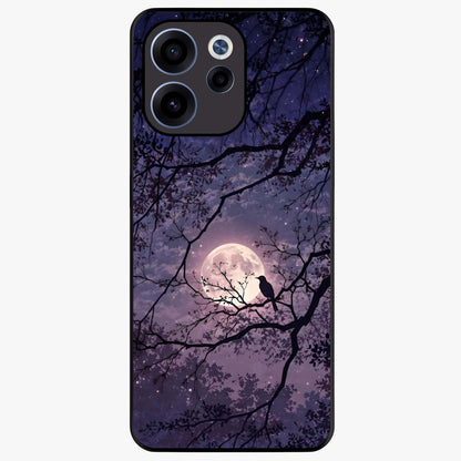 Whispering Moon Silence Glass Case showing flat back view with serene moon themed artwork and glossy glass finish.