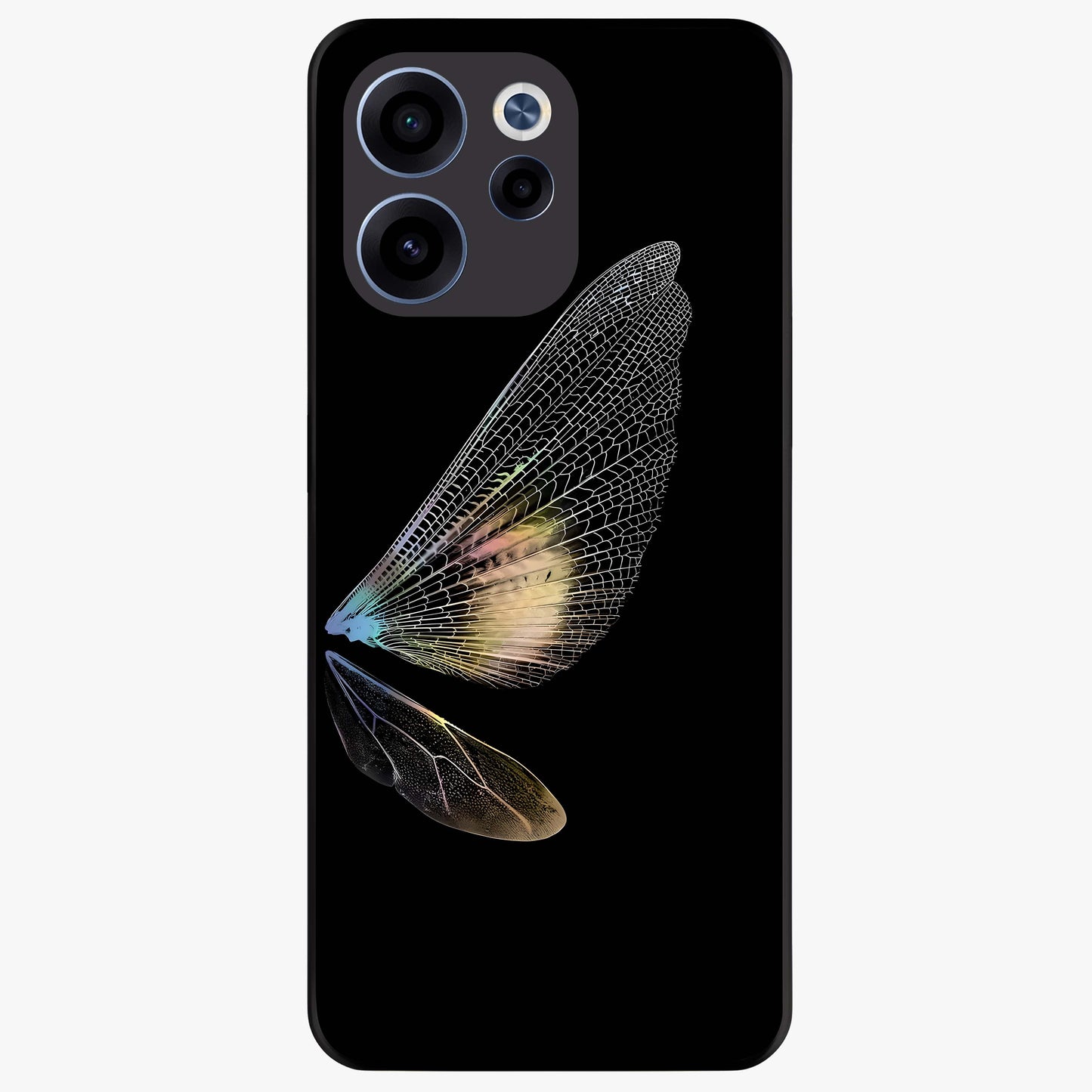 Whispers Of Wings Glass Case showing flat back view with graceful wing inspired artwork and glossy glass finish.