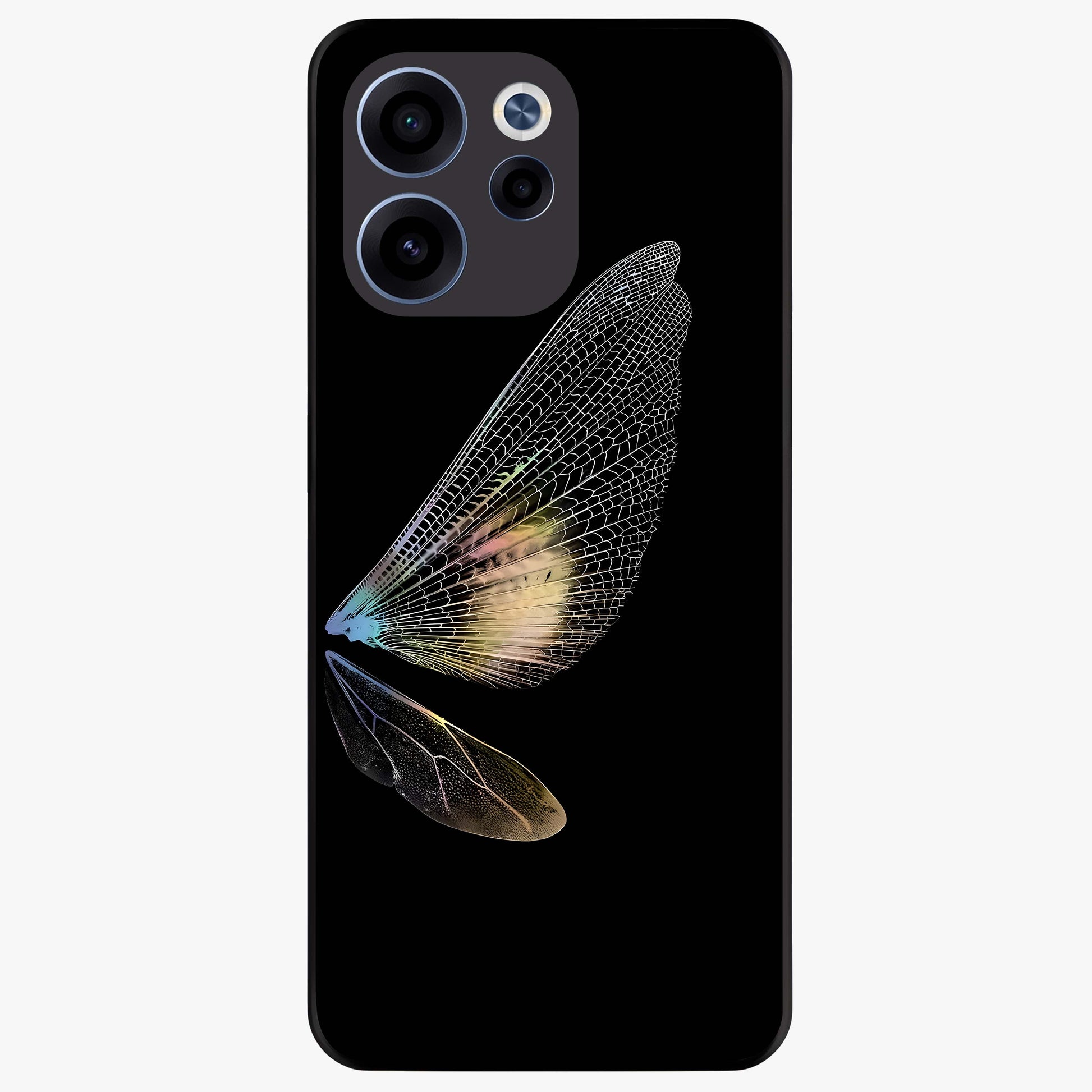 Whispers Of Wings Glass Case showing flat back view with graceful wing inspired artwork and glossy glass finish.