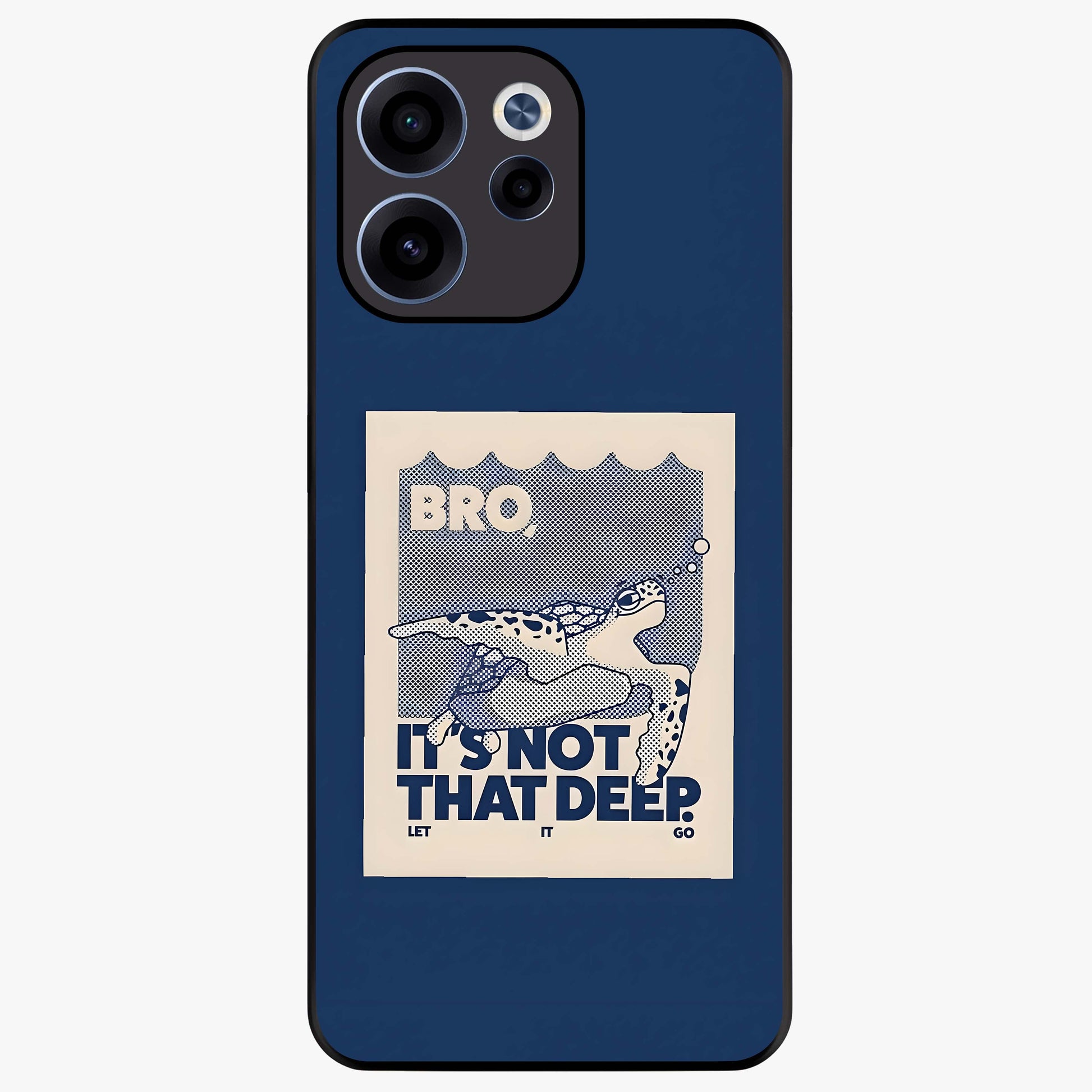 Worry Less Swim Glass Case showing flat back view with playful motivational artwork and glossy glass finish.