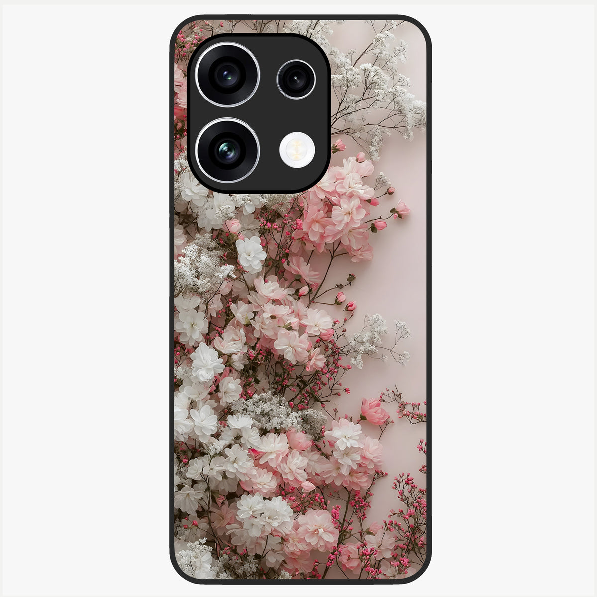 Blush Blossom Cloud Glass Case showing flat back view with dreamy blush cloud blossom artwork and glossy glass finish.