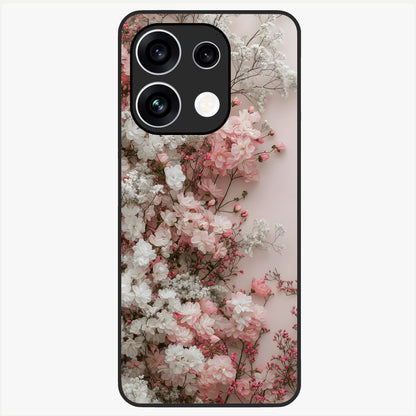 Blush Blossom Cloud Glass Case showing flat back view with dreamy blush cloud blossom artwork and glossy glass finish.
