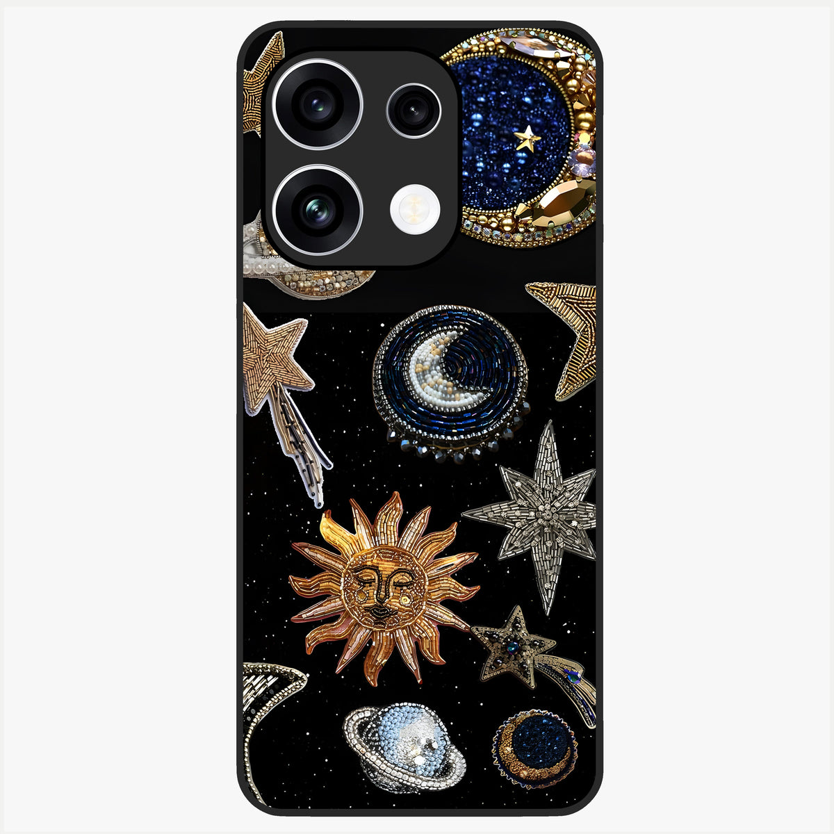 Celestial Gem Constellations Glass Case showing flat back view with sparkling constellation artwork and glossy glass finish.