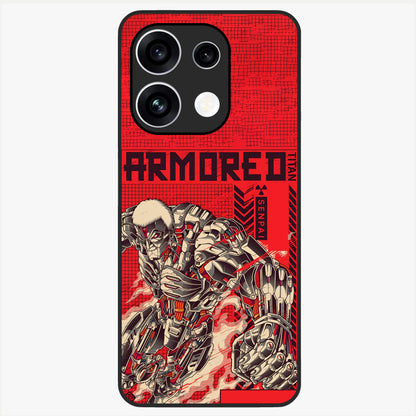 Crimson Mecha Titan Glass Case showing flat back view with powerful mech titan artwork and glossy glass finish.