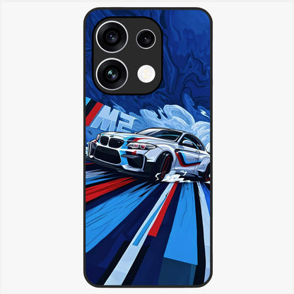 Drift Power Rush Glass Case showing flat back view with dynamic racing inspired artwork and glossy glass finish.