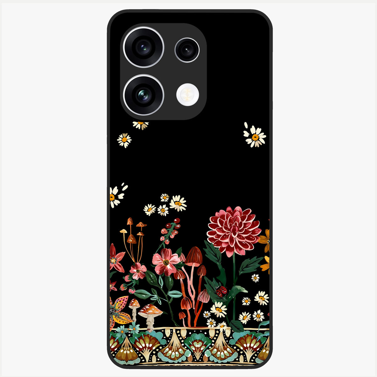 Midnight Bloom Pattern Glass Case showing flat back view with dark floral pattern artwork and glossy glass finish.