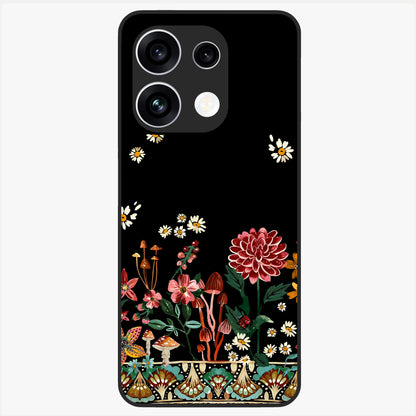 Midnight Bloom Pattern Glass Case showing flat back view with dark floral pattern artwork and glossy glass finish.