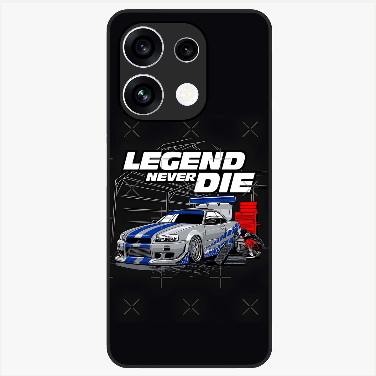 Midnight Racing Legacy Glass Case showing flat back view with sleek racing inspired artwork and glossy glass finish.