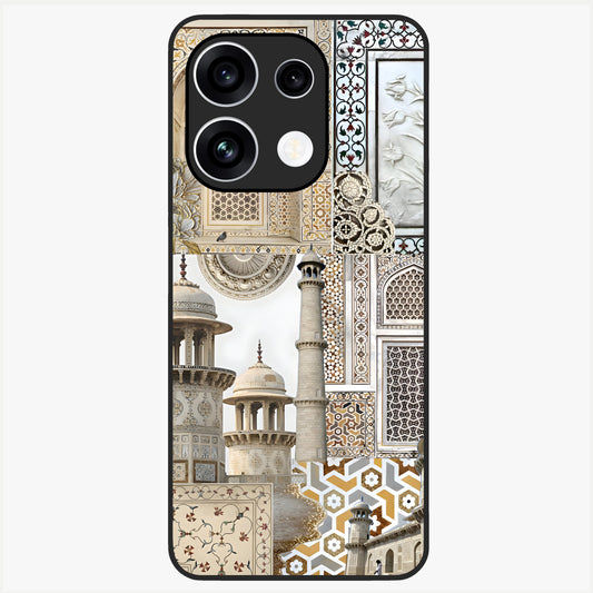 Mughal Marble Legacy Glass Case showing flat back view with intricate Mughal inspired marble pattern and glossy glass finish.