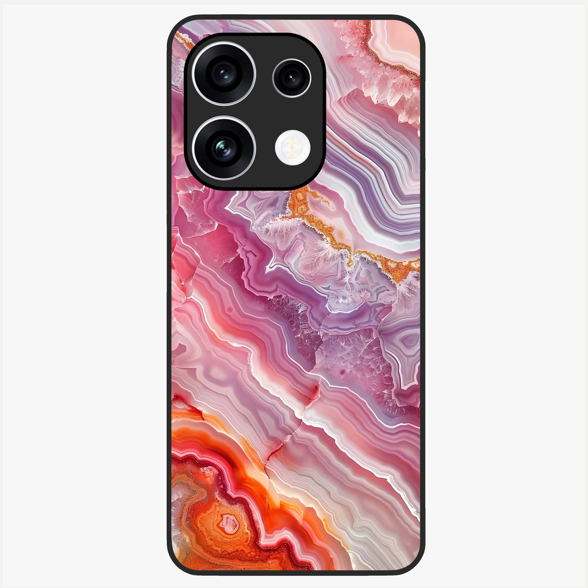 Rose Quartz Marble Glass Case showing flat back view with pink marble quartz texture artwork and glossy glass finish.