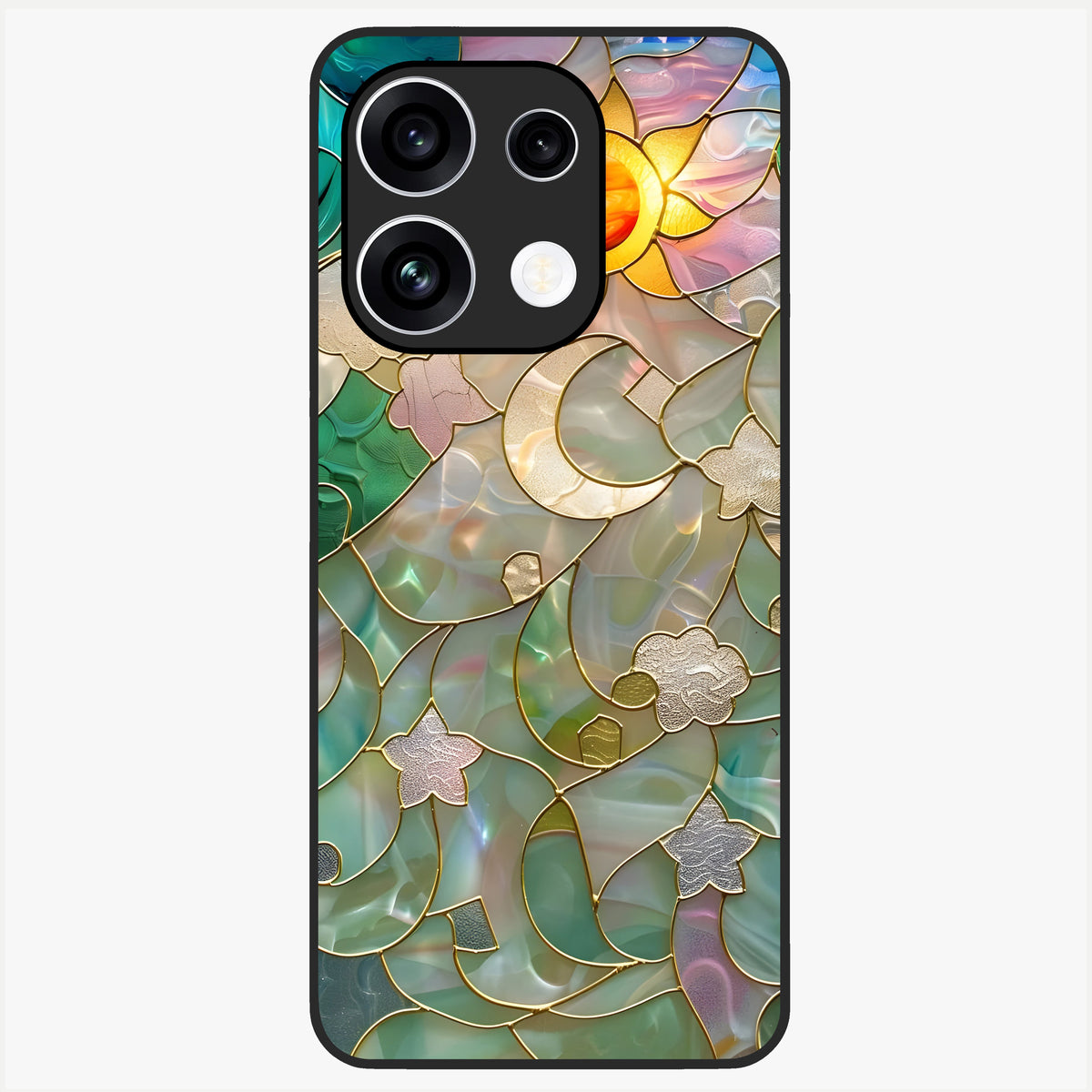 Stained Sunrise Glow Glass Case showing flat back view with glowing sunrise stained pattern artwork and glossy glass finish.
