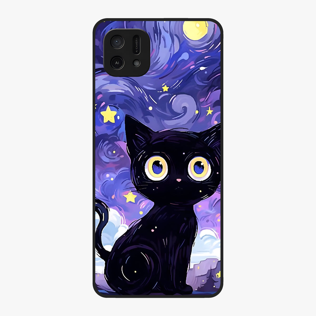Abstract Cat Art Glass Case showing flat back view with artistic cat illustration and glossy glass finish.