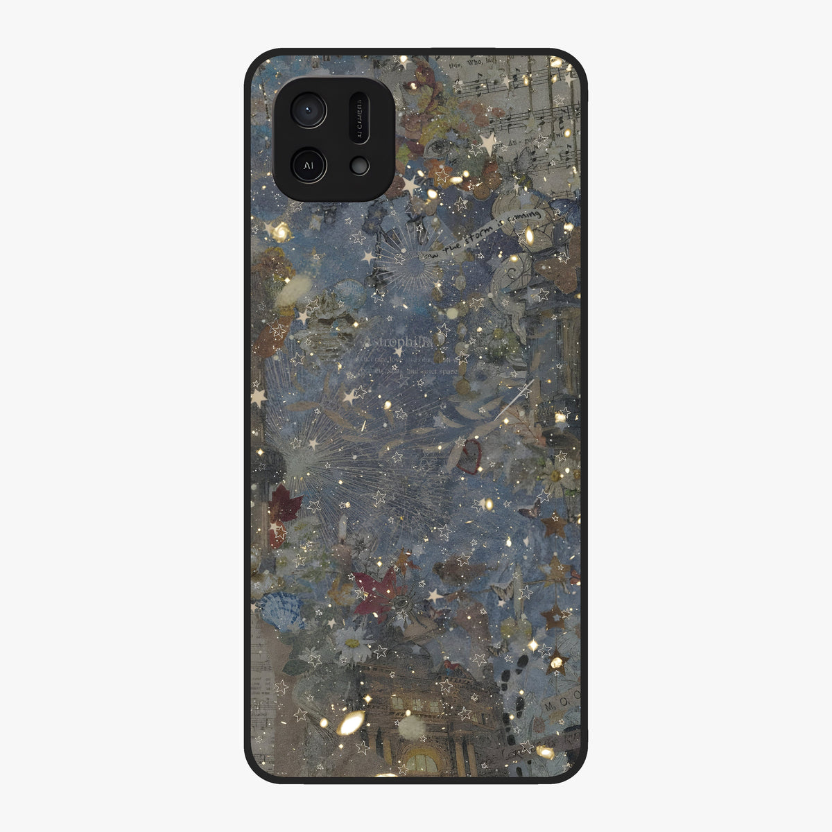 Aesthetic Astrolophia Glass Case showing flat back view with dreamy aesthetic design and glossy glass finish.